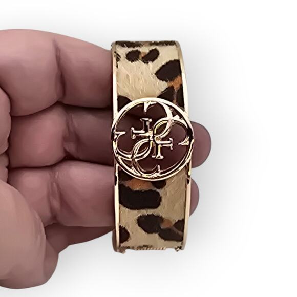 Guess Leopard Faux-Fur Logo Hinged Bangle – Gold-Tone Statement Bracelet - Picture 6 of 13